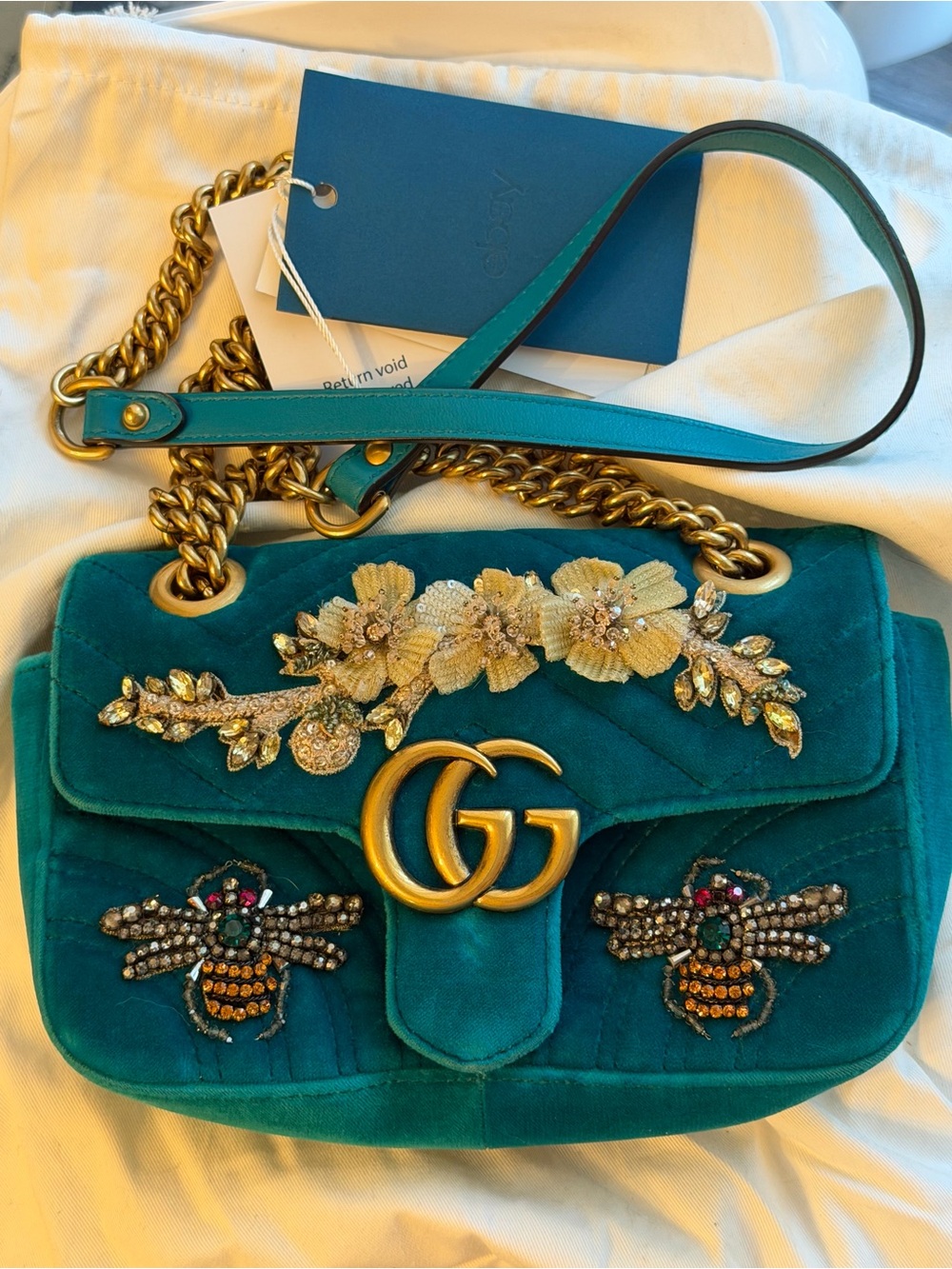 Gucci Teal Velvet Floral & Bee Embroidered Shoulder Bag